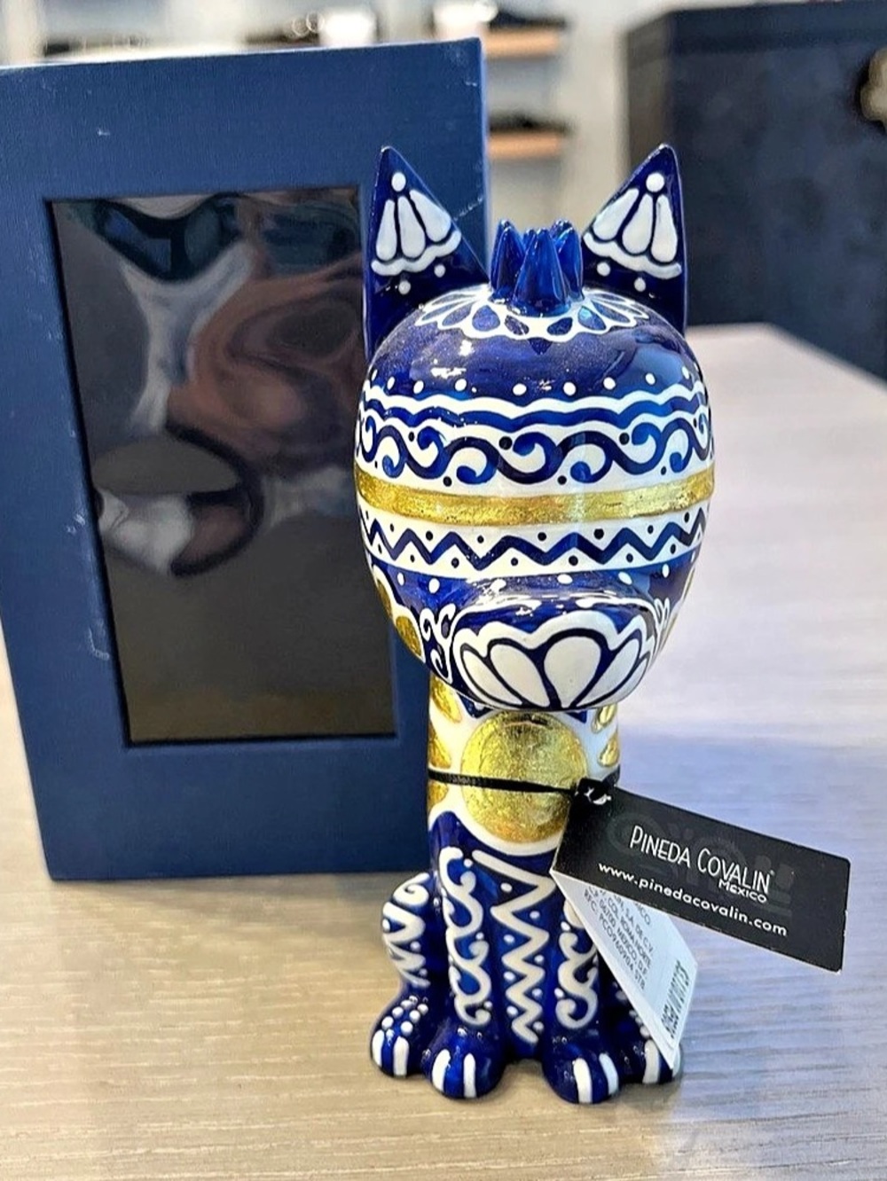 6.5" Xico Talavera Javier Becerril Hand Painted Dog Chihuahua W/Box Blue Gold